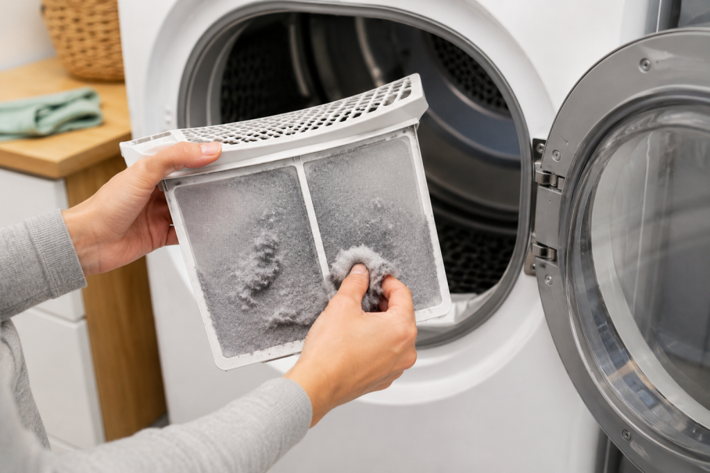 Homeowner removing lint from a dryer lint filter in front of an open LG dryer door to improve airflow and prevent D80 errors.