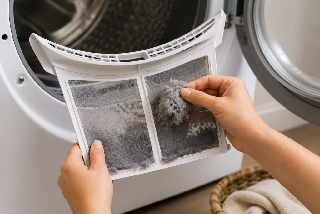 Hands removing lint buildup from a dryer lint filter in front of an open clothes dryer as part of troubleshooting an LG Dryer D90 Error.