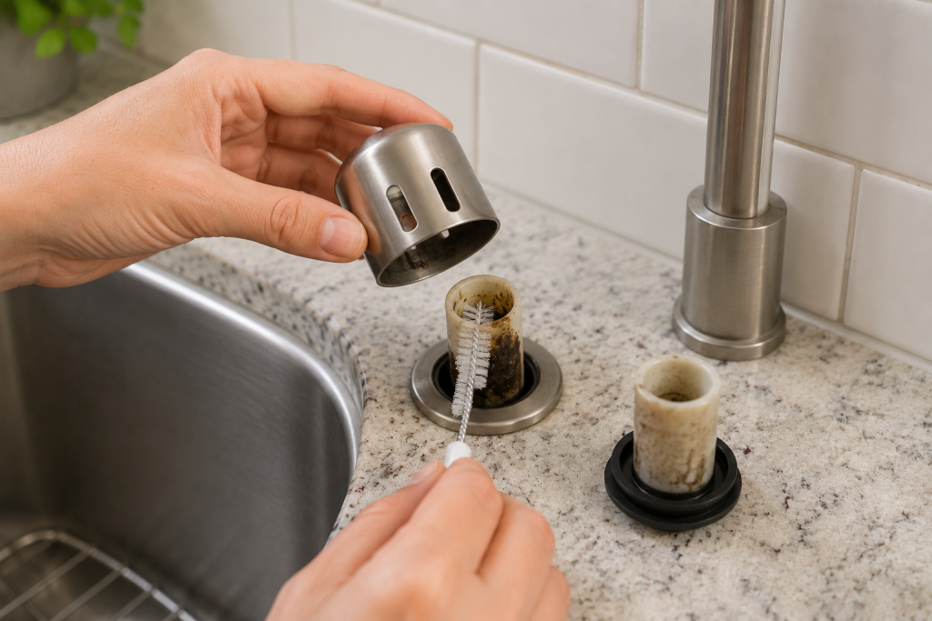 Homeowner removing and cleaning a dishwasher air gap cap beside a kitchen faucet to clear debris and improve dishwasher drainage.