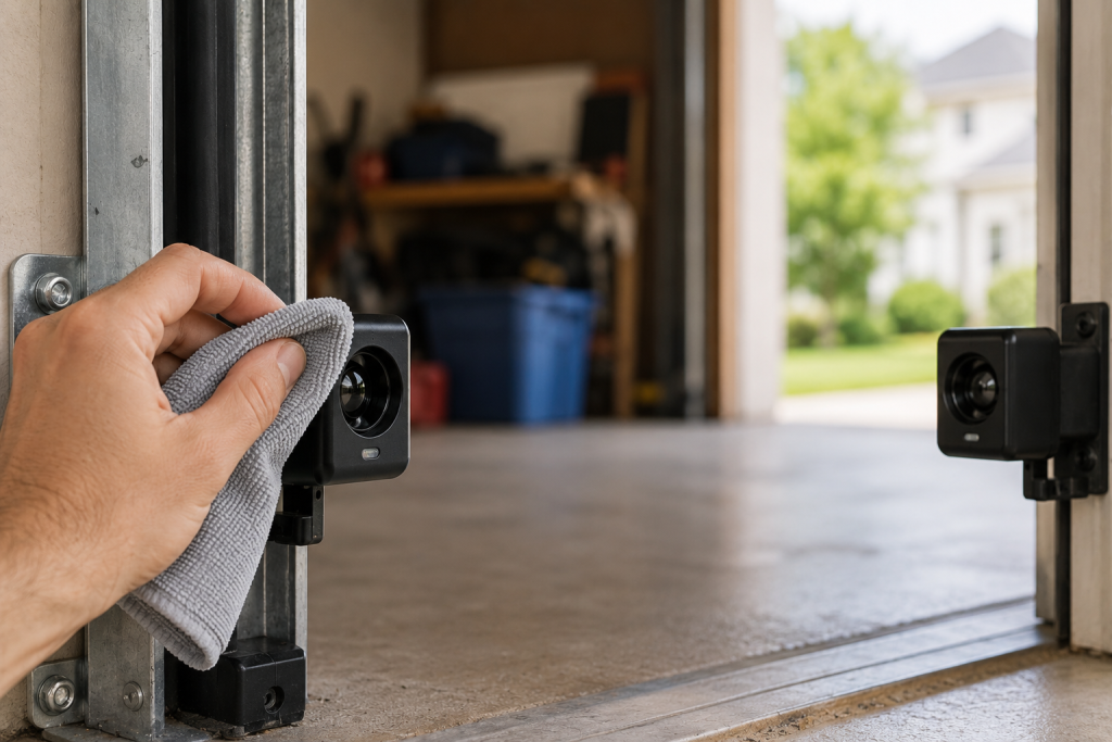 Homeowner gently cleaning a garage door safety sensor lens with a microfiber cloth near the bottom of the garage door track to remove dust, dirt, and debris.