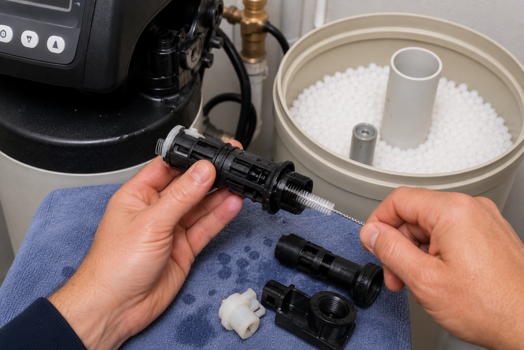 Homeowner cleaning a water softener injector and venturi assembly with a small brush during routine maintenance and troubleshooting.
