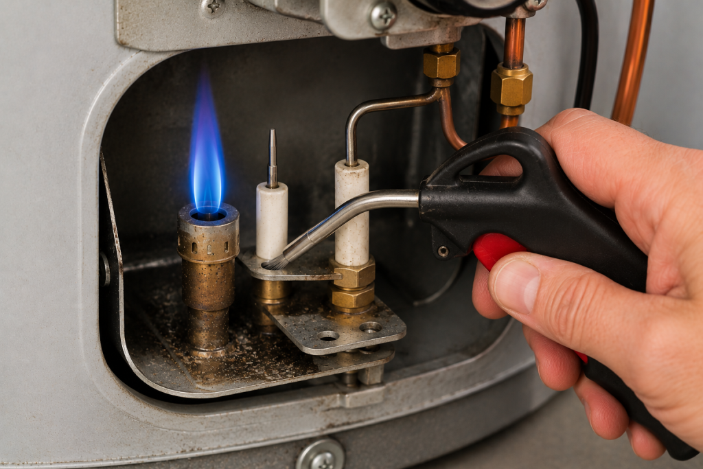 Person using compressed air to clean the pilot tube on a gas water heater to remove debris and restore proper pilot flame operation.