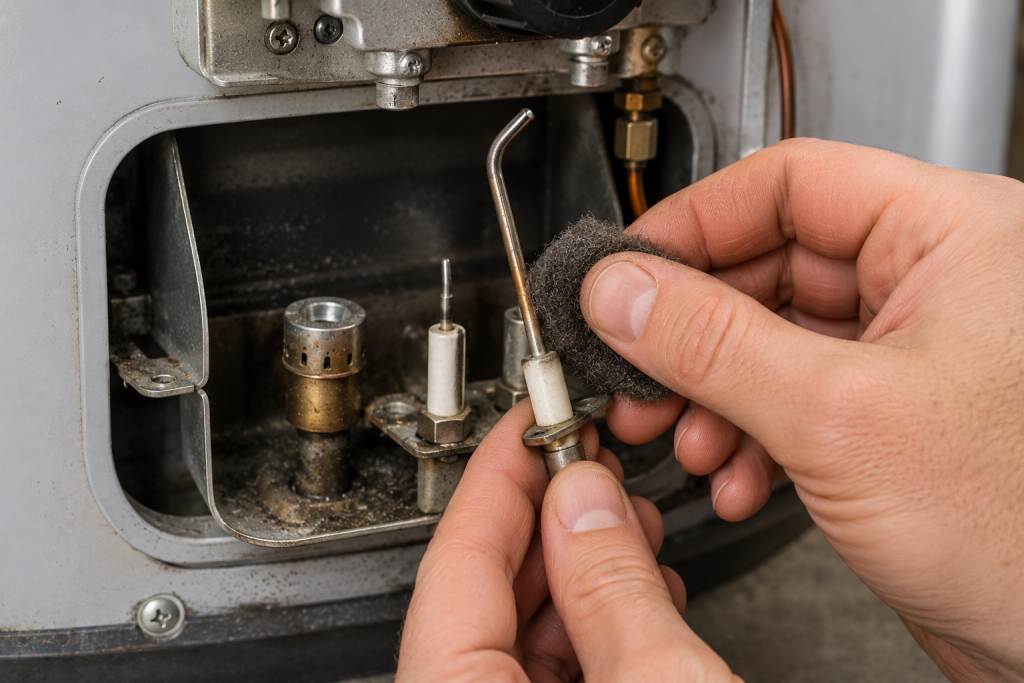 Person cleaning a gas water heater thermocouple with fine steel wool to remove carbon buildup and restore proper pilot light operation.