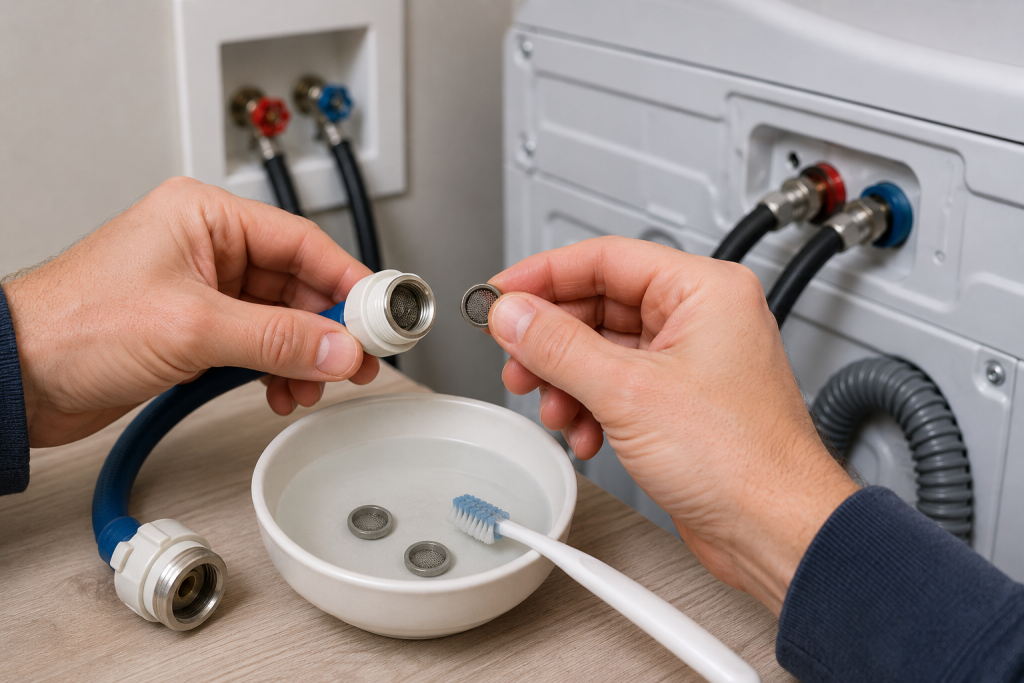 Homeowner cleaning washing machine water inlet screens with a small brush and water to remove sediment and improve water flow.