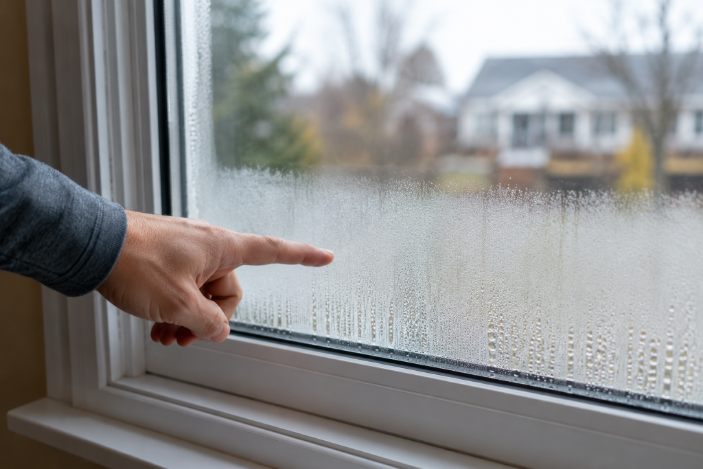 Homeowner inspecting a double-pane window with persistent fog trapped between the glass layers while the interior and exterior surfaces appear clean for Window Condensation Between Panes.