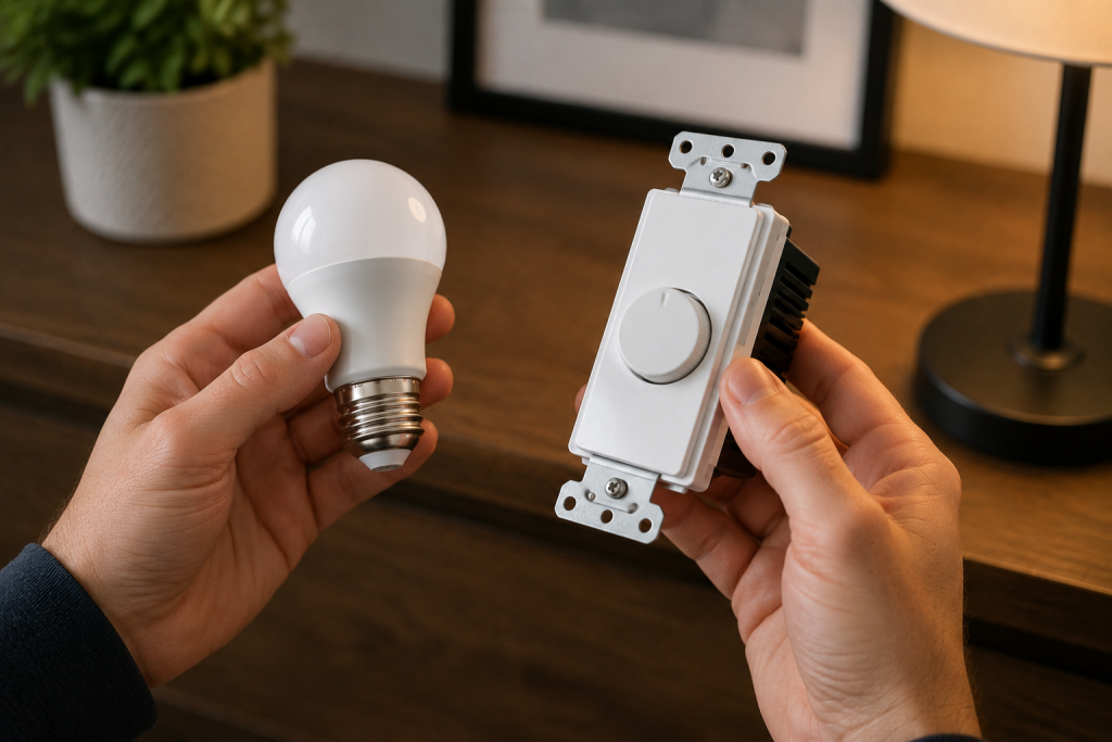 Homeowner comparing an LED light bulb and a dimmer switch to verify compatibility before installation in a residential lighting system.