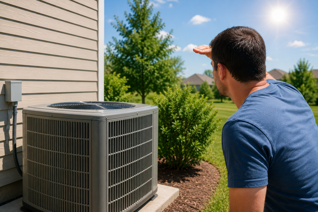 Residential home on a hot summer afternoon with bright sunshine, a digital outdoor thermometer showing high temperatures, and an air conditioning condenser running outside to cool the home.