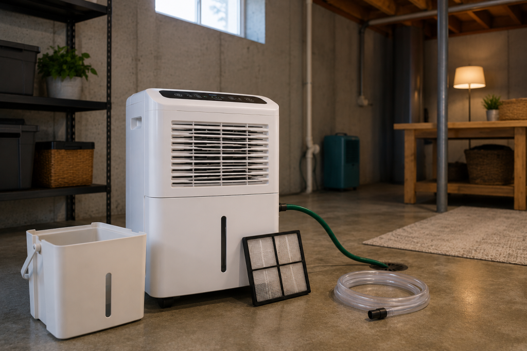 Basement dehumidifier showing useful features including a continuous drain hose, removable water bucket, washable air filter, and digital controls