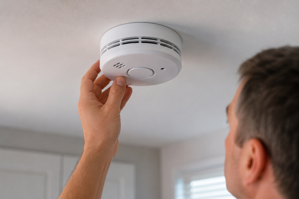 Homeowner examining the manufacturing date label on the back of a smoke detector to determine whether the unit has reached its recommended replacement age.