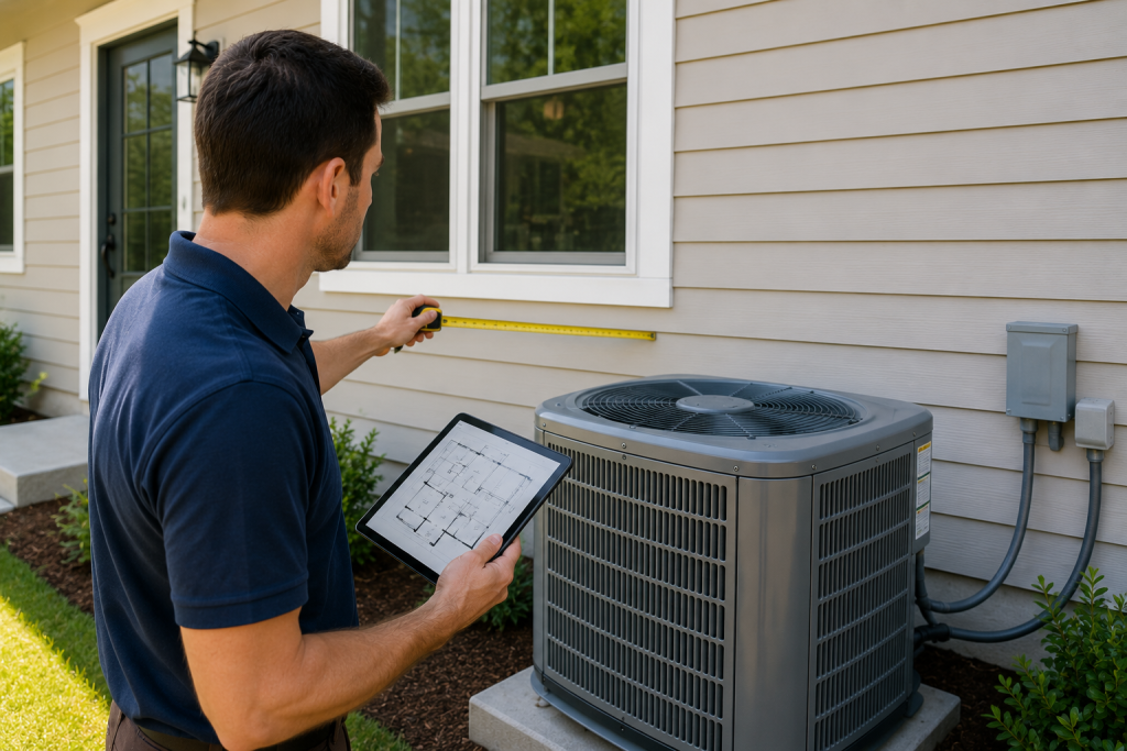 HVAC technician reviewing home measurements and cooling load calculations on a tablet while standing beside a residential air conditioning system to determine whether the unit is properly sized for the home.