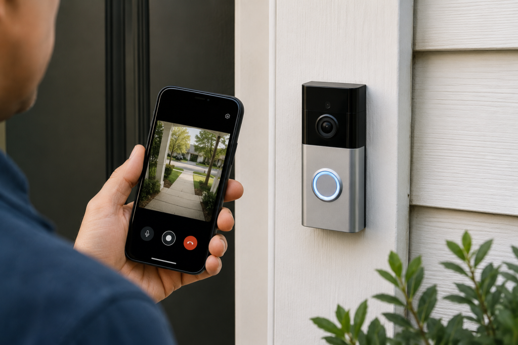 Modern video doorbell mounted beside a residential front door, showing a built-in camera, motion sensor, and illuminated button while a homeowner inspects the device to determine whether it is a smart doorbell.