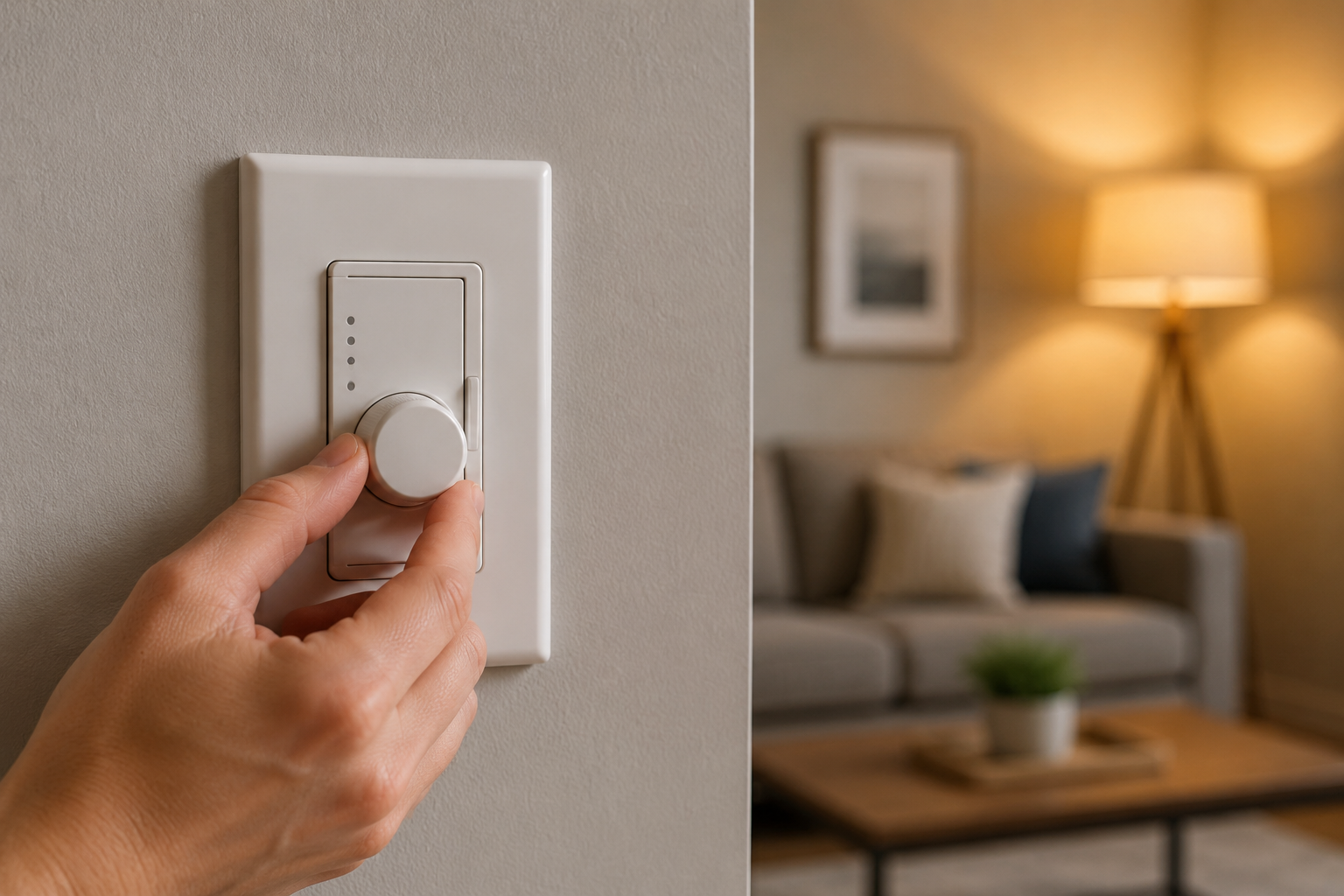 Electrician inspecting a wall dimmer switch controlling a modern light fixture in a residential room with lights partially illuminated.