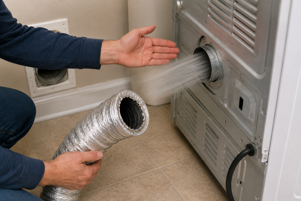 Dryer vent hose disconnected from the back of an LG dryer while a homeowner checks for strong airflow from the dryer exhaust outlet during troubleshooting.