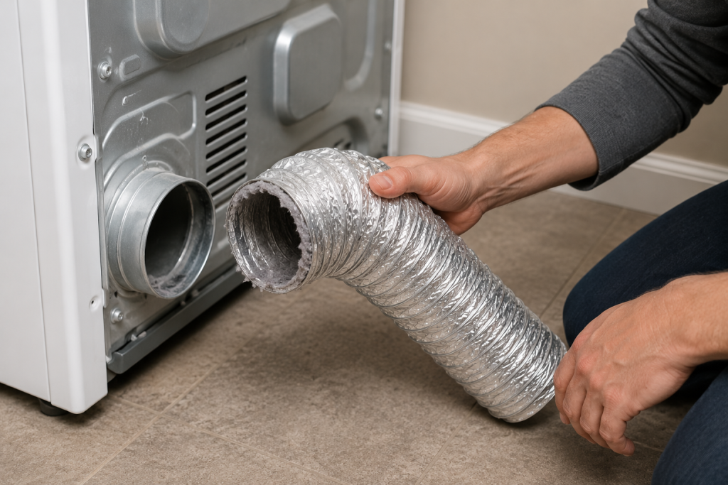Homeowner disconnecting a dryer vent hose from the back of an LG dryer while testing airflow, with the dryer pulled away from the wall in a clean laundry room.
