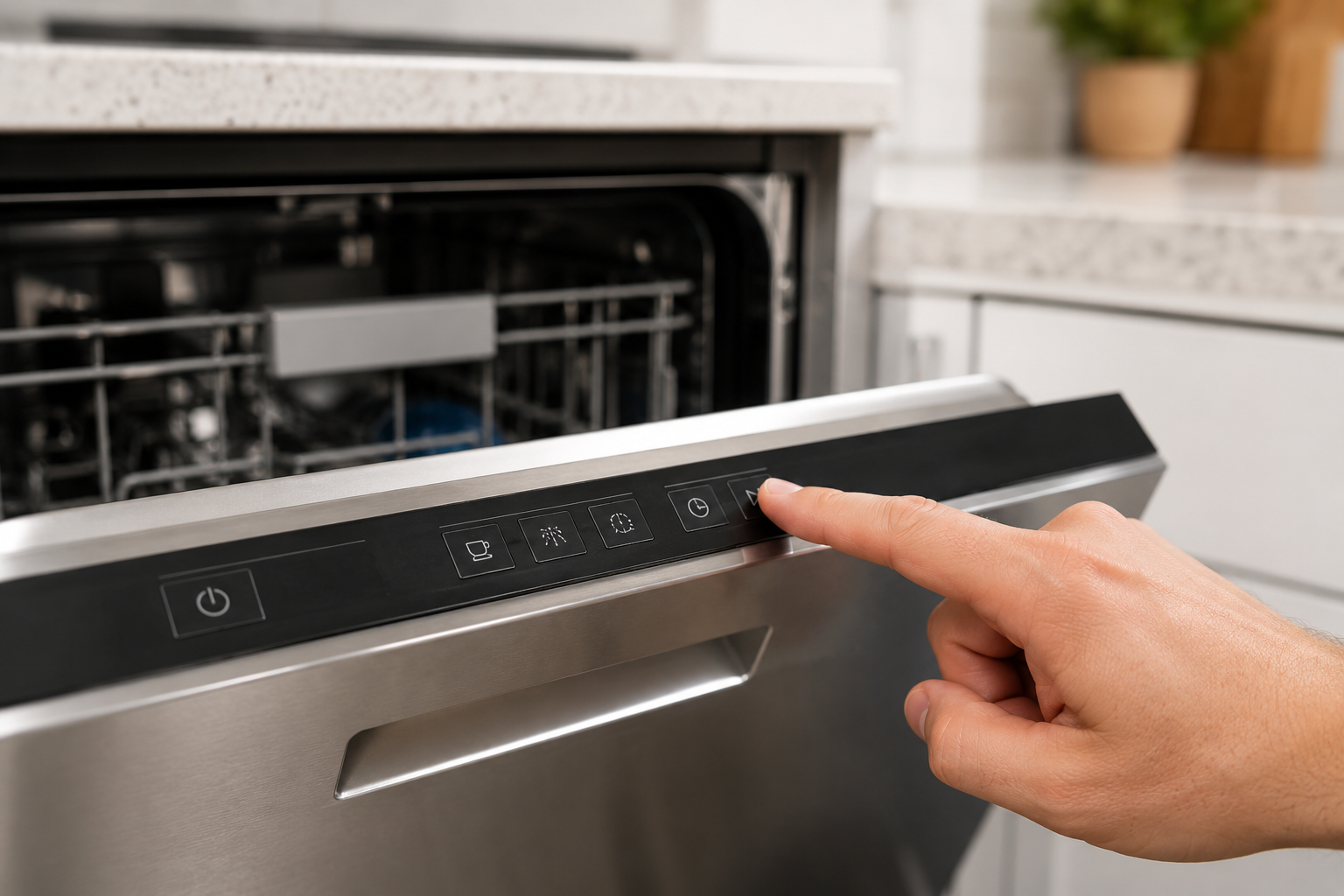 Close-up of a homeowner pressing dishwasher control panel buttons that are not responding during troubleshooting