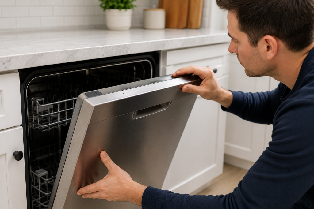 Homeowner closing a dishwasher door and checking that the latch engages properly before starting a wash cycle