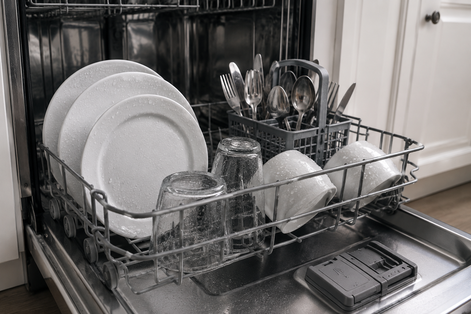 Modern stainless steel dishwasher open after a wash cycle with clean dishes showing visible water droplets and moisture remaining on plates, glasses, and utensils in a bright residential kitchen.