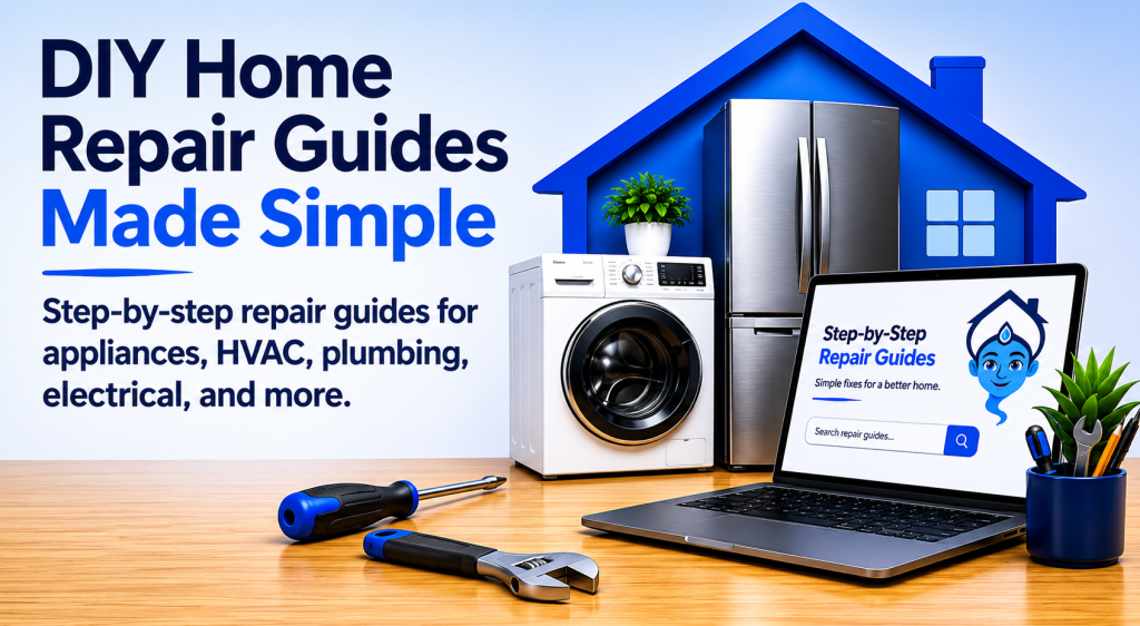DIY home repair guides image featuring appliances, tools, and a laptop displaying step-by-step repair resources.