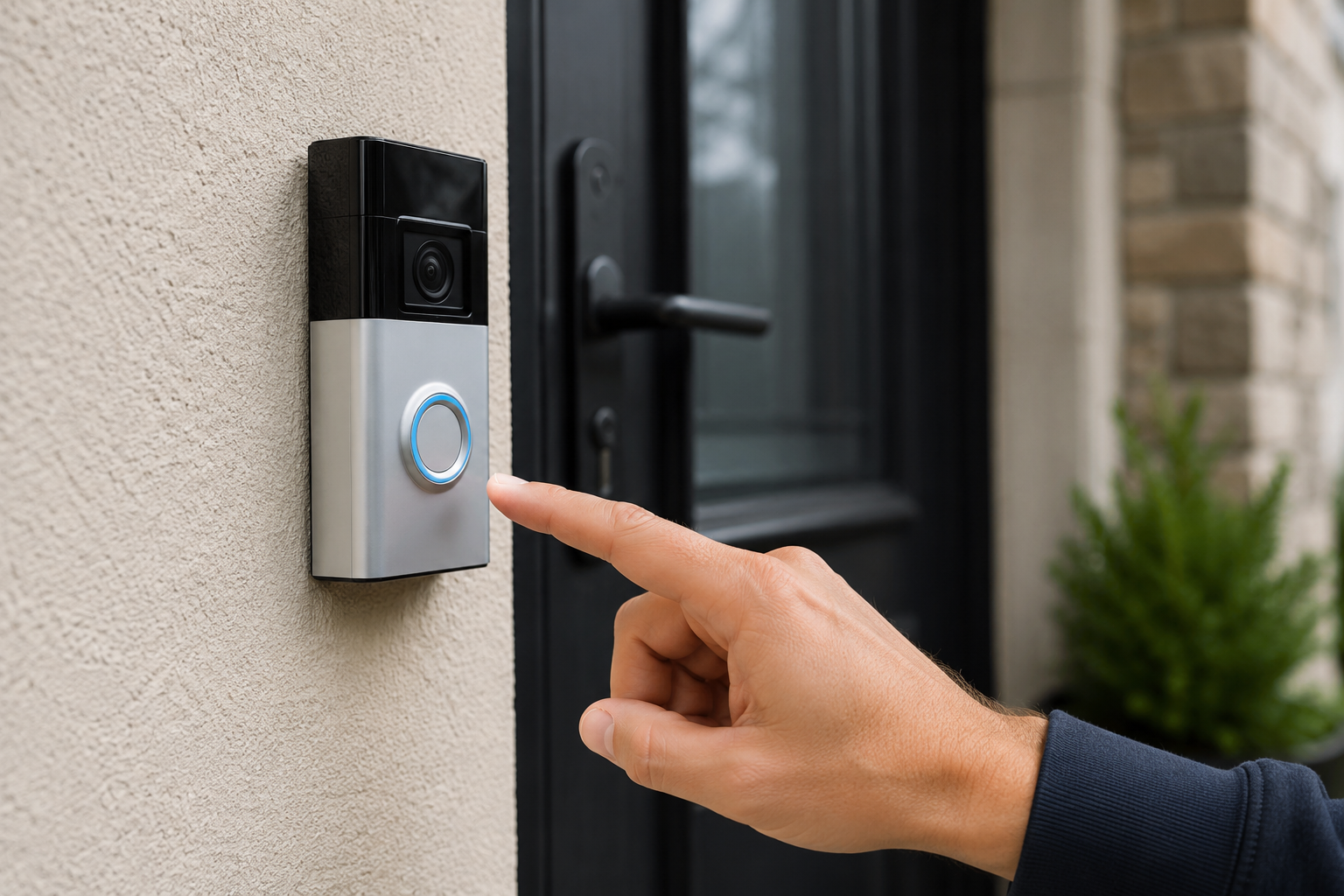 Person pressing a residential doorbell button beside a front entry door on a modern home exterior.