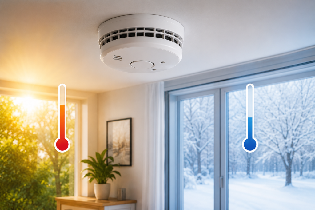 Ceiling-mounted smoke detector near an HVAC supply vent with visible airflow and changing indoor temperatures, illustrating how temperature fluctuations can contribute to false smoke alarm activations.