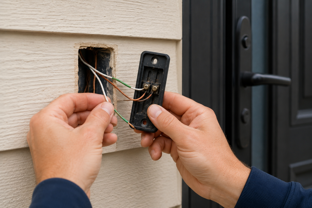 Close-up of a homeowner inspecting low-voltage doorbell wiring behind a doorbell button, checking for loose connections, damaged wires, and corrosion during doorbell troubleshooting.