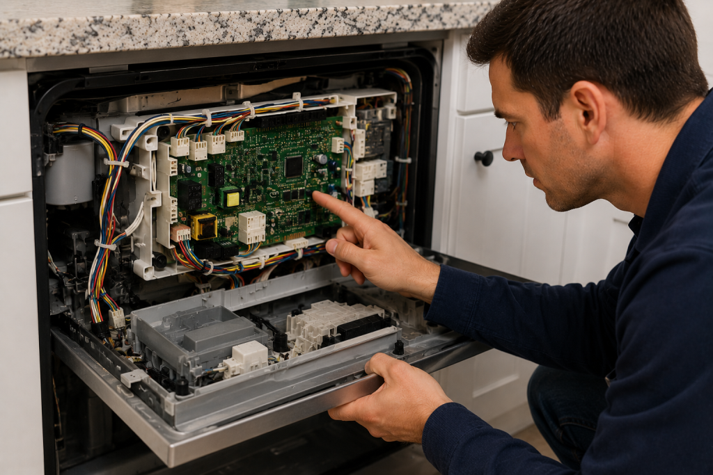 Technician inspecting the main control board inside a dishwasher while checking electronic components and wiring connections