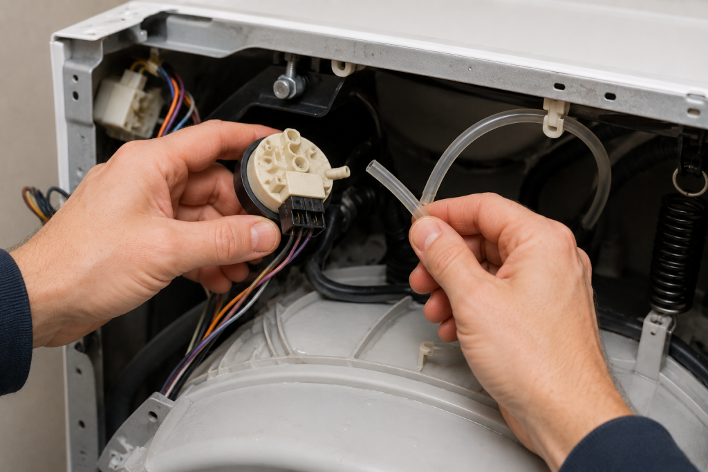 Homeowner inspecting a washing machine pressure switch and connected air hose inside the cabinet, checking for clogs, cracks, or loose connections.