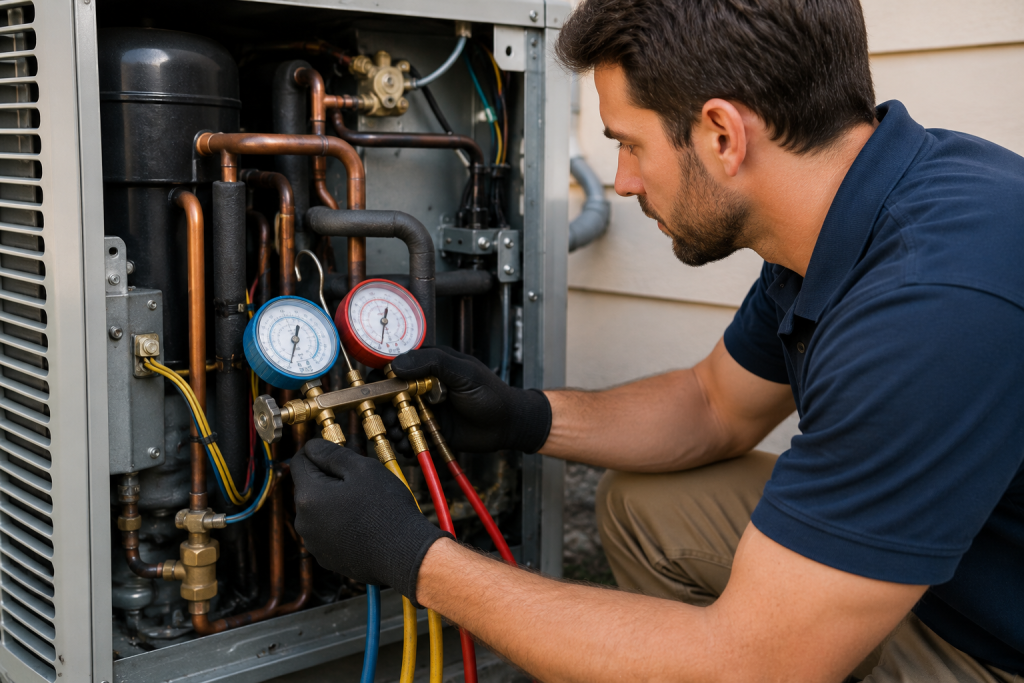 HVAC technician inspecting refrigerant lines and pressure gauges connected to a residential air conditioning system while diagnosing poor cooling performance and potential refrigerant issues.