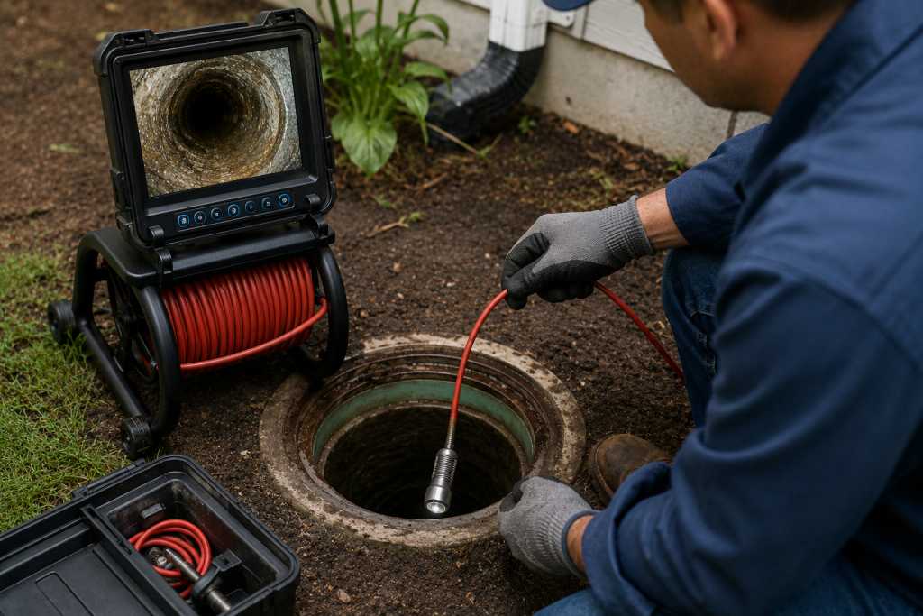 Professional plumber performing a sewer camera inspection through a cleanout access point to diagnose blockages, pipe damage, or other major sewer line problems.