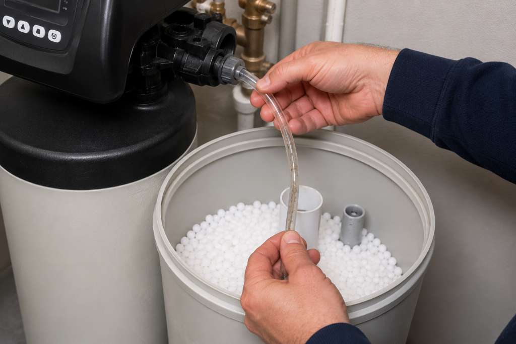 Homeowner inspecting the brine line tubing on a residential water softener system for sediment buildup and flow restrictions.