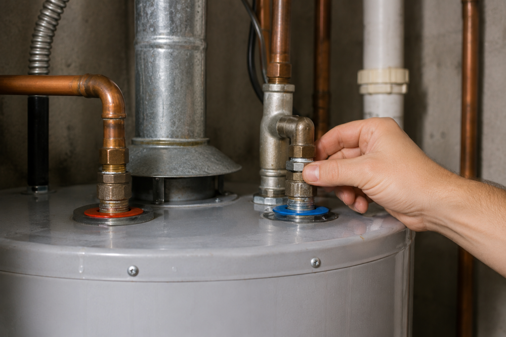 Homeowner inspecting the hot and cold water supply connections on top of a residential water heater, checking fittings and pipes for leaks, corrosion, or loose connections.