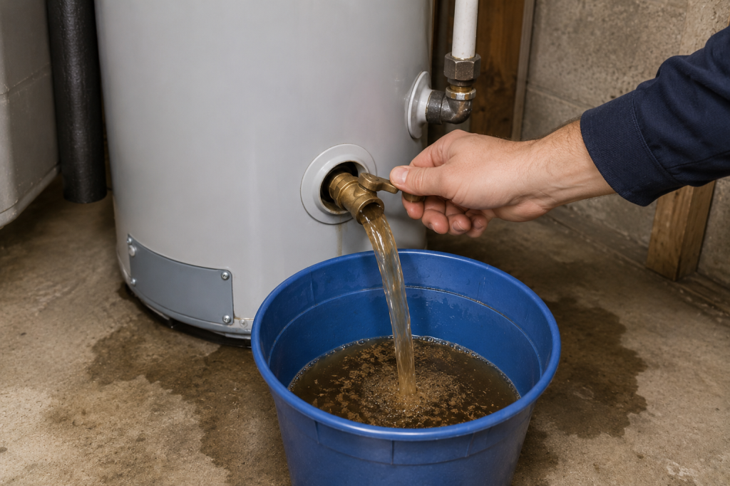Garden hose attached to a residential water heater drain valve while sediment-filled water drains from the tank during routine maintenance and flushing.
