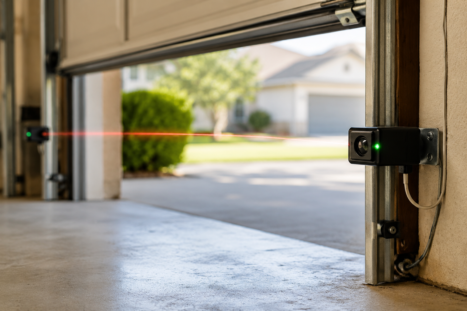 Garage door partially open with safety sensors mounted near the floor tracks inside a clean residential garage, showing a troubleshooting scenario for a malfunctioning garage door sensor.
