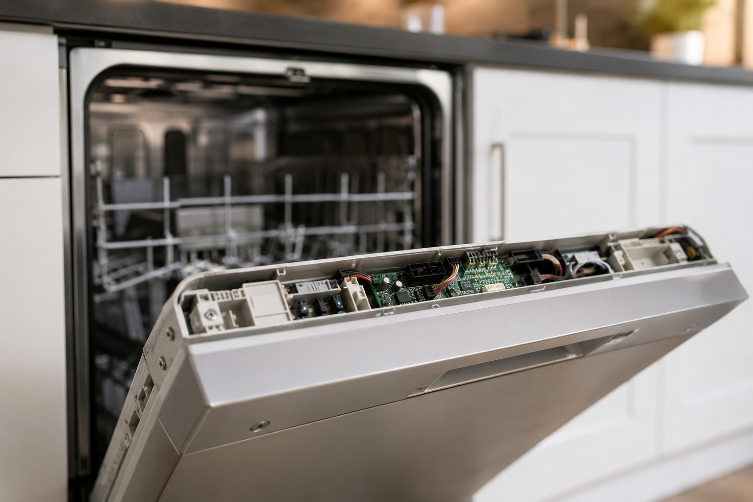 GE dishwasher with exposed control panel electronics and wiring during troubleshooting and repair