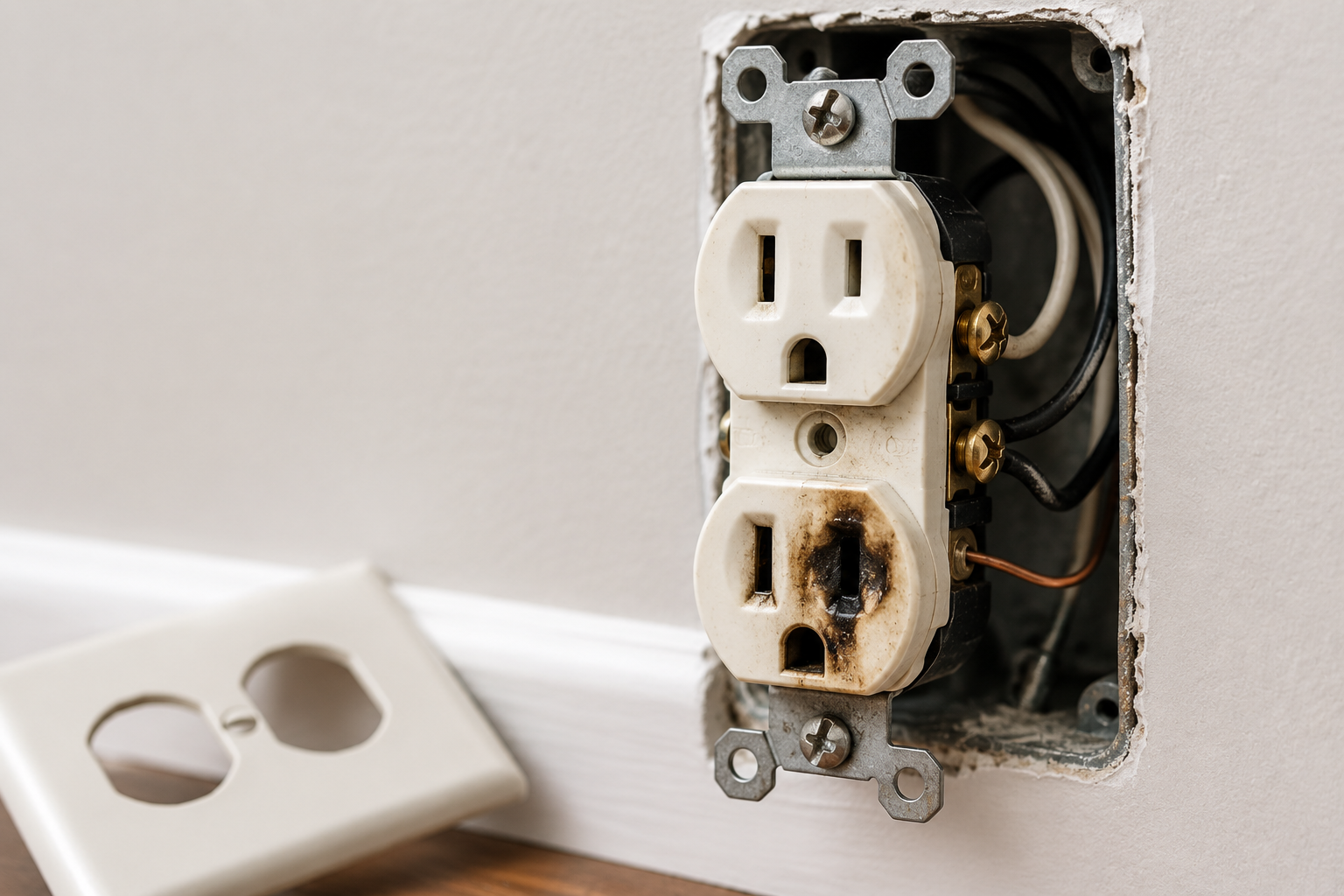 Damaged duplex electrical outlet with burn marks on one receptacle and exposed wiring during inspection and troubleshooting.