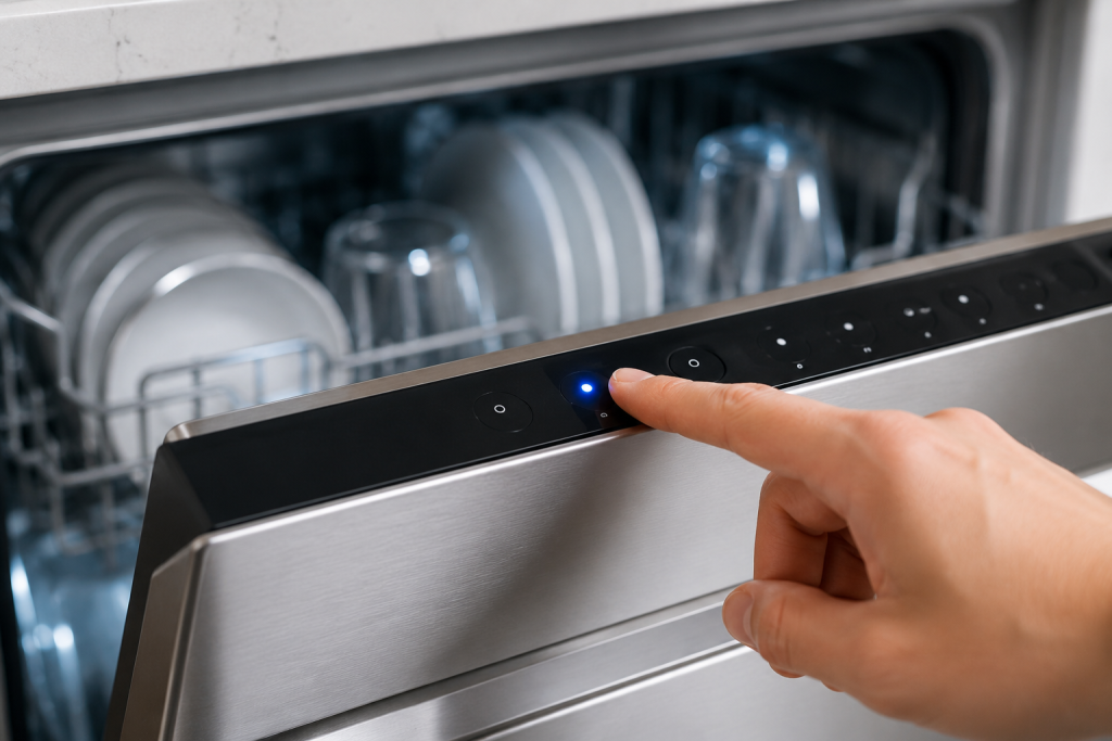 Close-up of a modern dishwasher control panel with the heated dry option illuminated, showing a clean kitchen appliance ready to improve dish drying performance after a wash cycle.