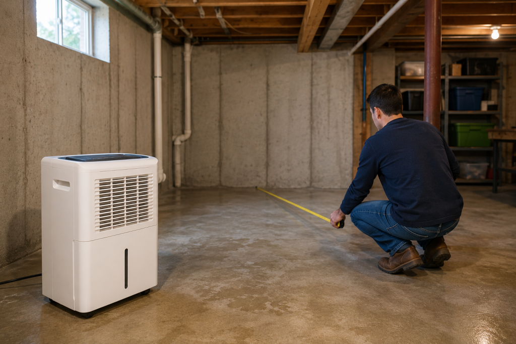Homeowner measuring an unfinished basement with a dehumidifier to determine the correct dehumidifier capacity for the space for Best Dehumidifier for Basement Humidity.
