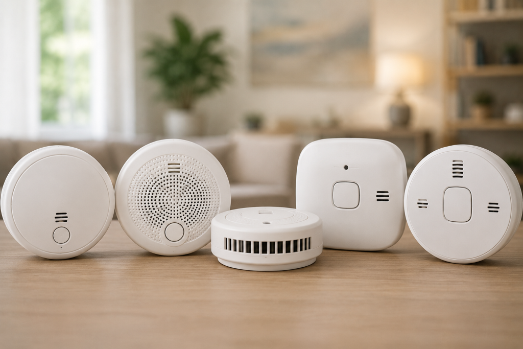Several smoke detectors and combination smoke-carbon monoxide alarms displayed side by side on a table, illustrating different types and features available for home fire protection.