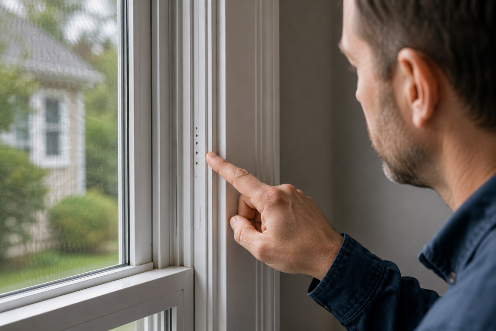 Homeowner inspecting a label and identification markings on a vinyl window frame to determine the window manufacturer and model.