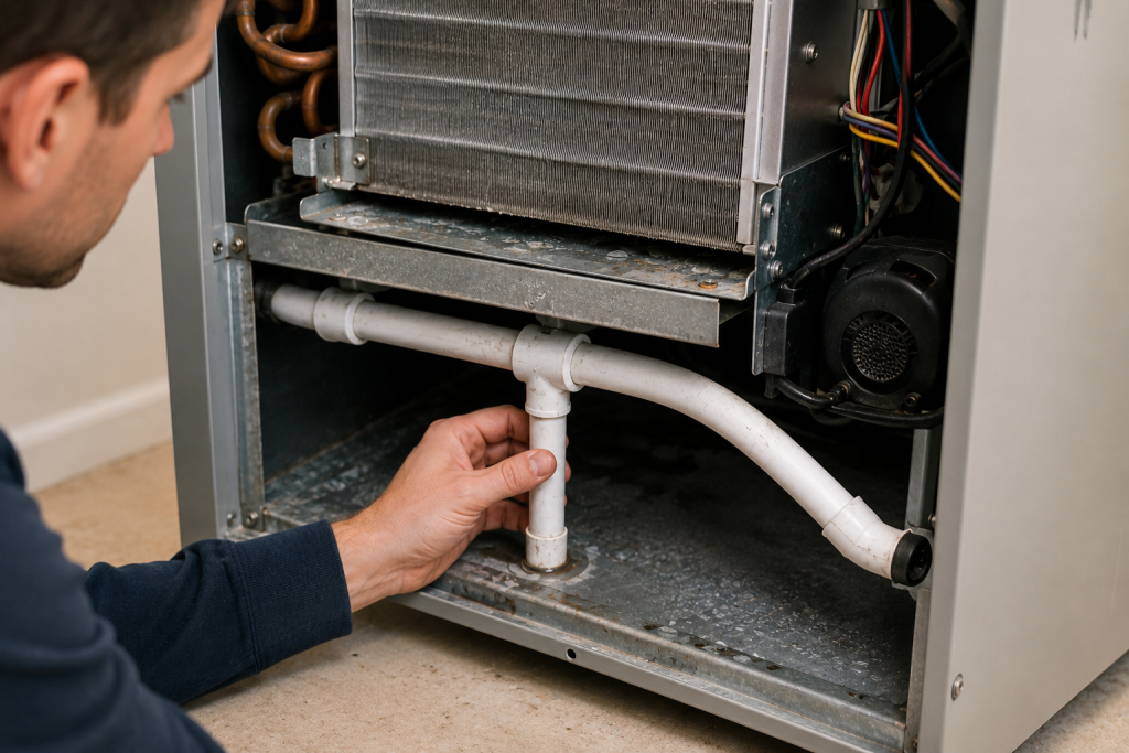 Technician inspecting the condensate drain line and drain pan inside a residential HVAC air handler to check for clogs, leaks, or water drainage issues.