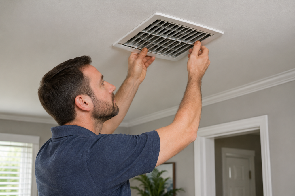 Homeowner inspecting a ceiling air vent and wall register for dust buildup, blockages, and restricted airflow that could prevent an air conditioner from cooling the home effectively.