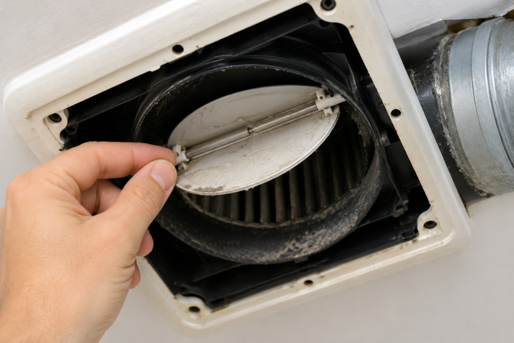 Hand inspecting the backdraft damper inside a bathroom exhaust fan housing to check for airflow restrictions and proper operation.