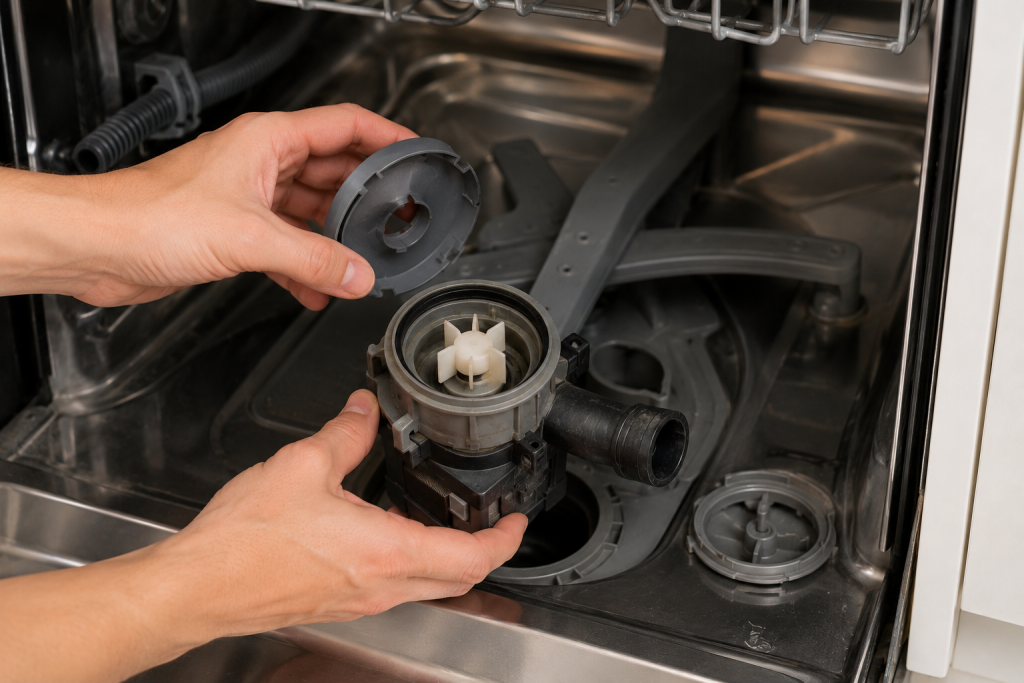 Homeowner inspecting the drain pump area inside a Bosch dishwasher after removing the filter to check for food debris, glass fragments, and drainage obstructions.