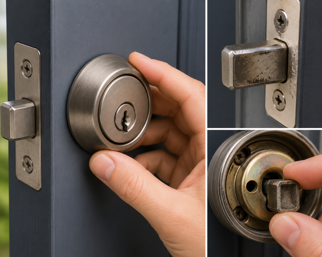 Homeowner inspecting a deadbolt lock and latch for signs of wear, damage, and excessive friction that could cause locking problems.