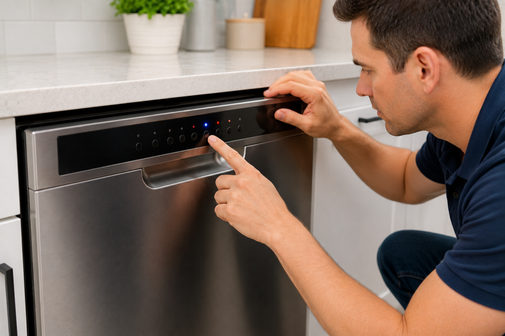 Homeowner inspecting a dishwasher control panel and testing buttons to diagnose a startup problem