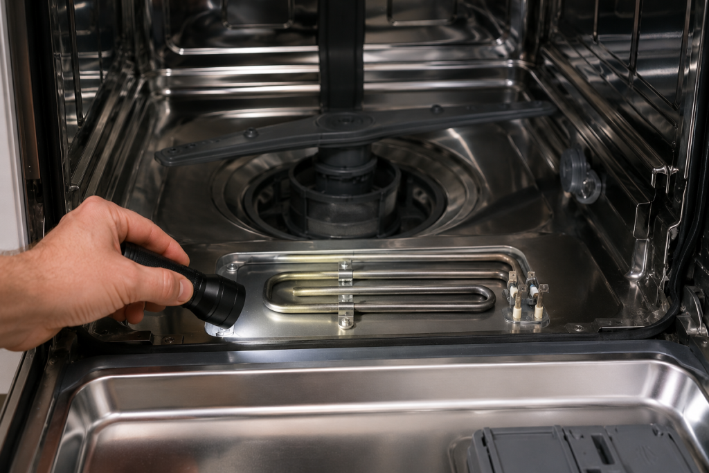 Close-up view of a dishwasher interior with the lower rack removed, showing the heating element at the bottom of the tub while a homeowner visually inspects it for signs of damage, corrosion, or wear.