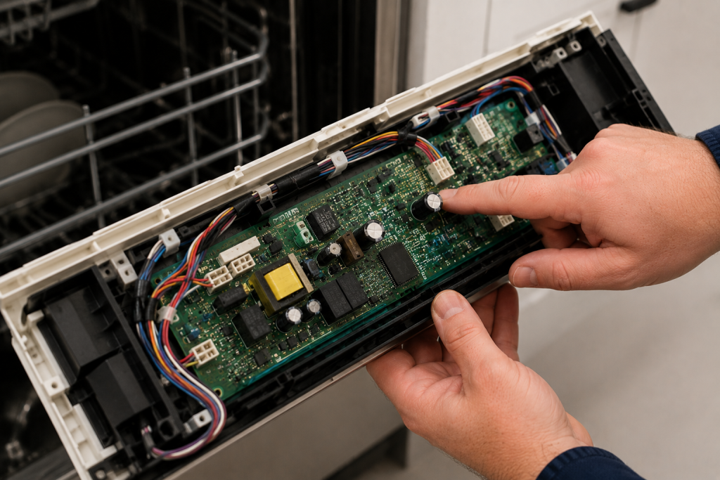 Technician inspecting the main control board inside a dishwasher while checking electronic components, connectors, and wiring