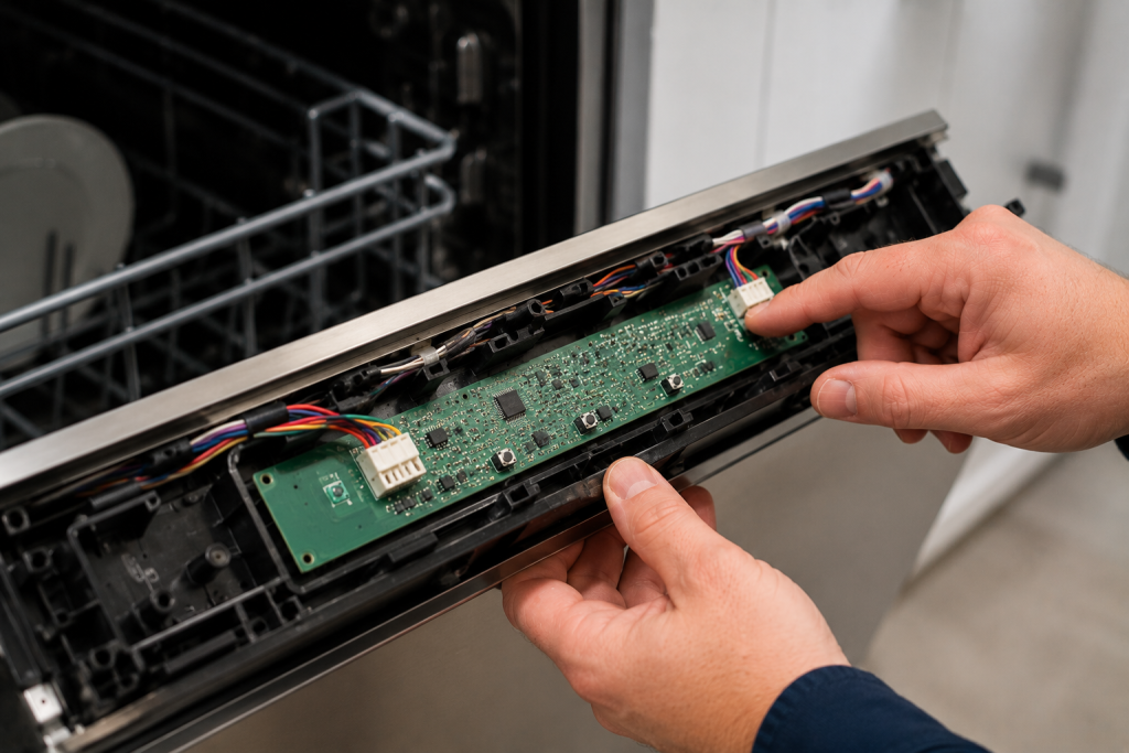 echnician examining a dishwasher user interface board and ribbon cable connections inside the control panel assembly