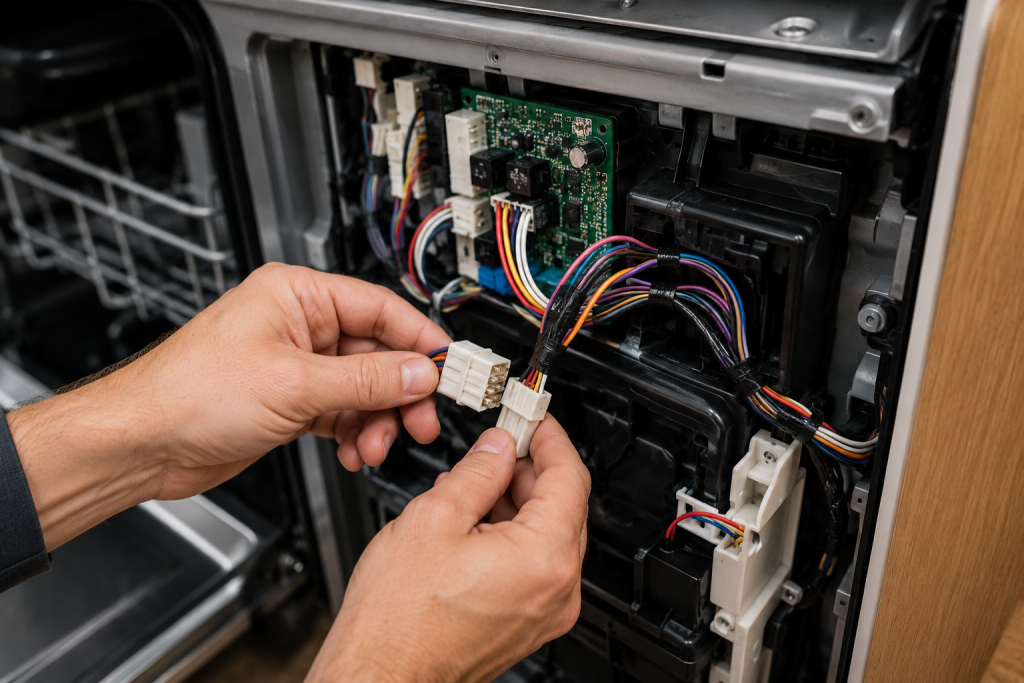 Technician inspecting wiring harness connections inside a GE dishwasher control panel for loose or damaged wires