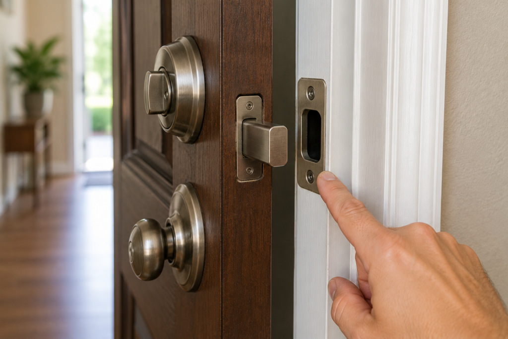 Close-up of a residential deadbolt bolt and strike plate showing a homeowner checking door alignment to identify rubbing, binding, or misalignment that makes the deadbolt difficult to turn.